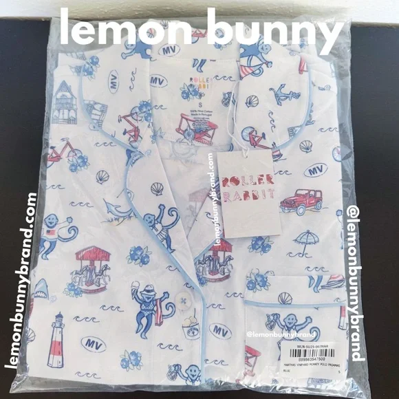 Roller Rabbit Martha’s Vineyard Monkey Short Sleeve Polo Pajamas Blue Small NWT